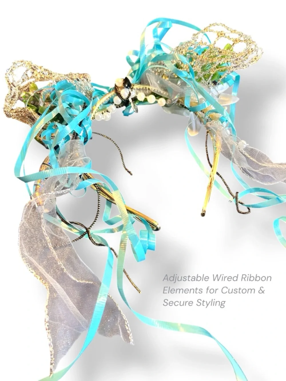 OOAK Handmade Pearl Festival Headpiece Iridescent Ribbon Lux Headband Boho Crown